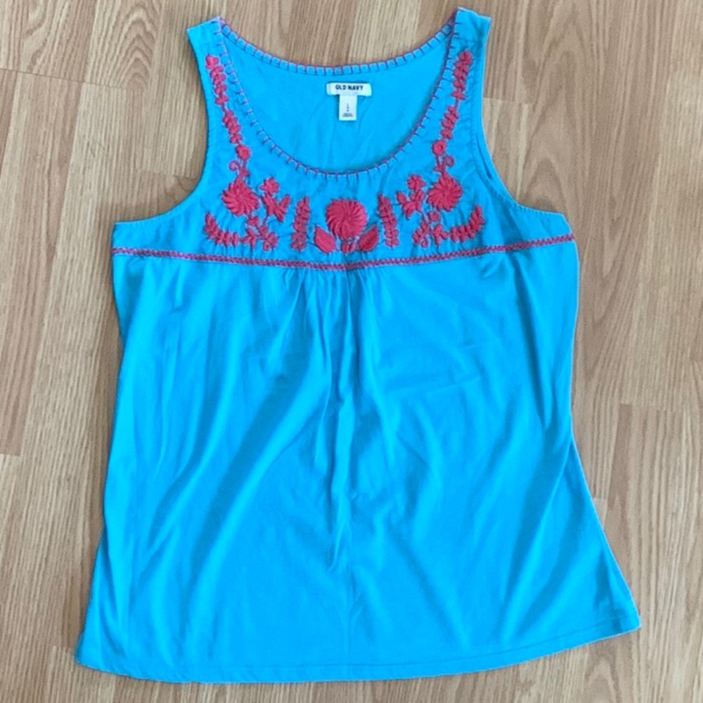 Blue Tank Top with Pink Embroidery, Size L